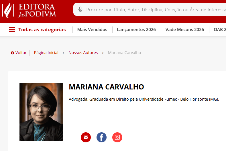 Perfil da professora Mariana Carvalho no site da Editora Juspodivm